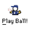Animated contact sheet of pixel art characters playing baseball with repeated text "Play Ball!" across multiple frames showing different poses and ball positions.