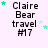 identical 'Claire Bear travel #17' text icons with green and light blue stars scattered around, displayed on a pale pink background