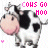 Animated sequence of cartoon cows with black-and-white spotted bodies, pink noses, and smiling expressions repeating in a pattern