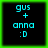 Four identical pixelated frames display cyan text on black background with green border, each showing 'gus + anna :D' in retro digital font.