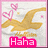 Pixelated icon shows golden bird with outstretched wings, pink heart-shaped sparkles above it, and 'Haha' text in bright pink rectangle at bottom.