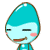 Pixelated cartoon character with teal hair and light blue face, showing two sequential expressions with closed eyes and pink cheeks.