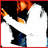 Pixelated image of a character with dark hair and orange highlights, wearing a white shirt and blue pants, positioned against a black background.