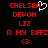 Red pixelated text on black background with a white heart symbol above 'CHELSEA' in the left , and a red heart symbol in the right
