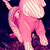 Animated pink cartoon character with striped ears and tail, standing on dark purple background.