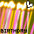 Pixelated birthday-themed animation with pink and yellow vertical streaks, two heart symbols (one white, one red), and 'BIRTHDAY' text at the bottom.