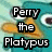 Pixelated image with text 'Perry the Platypus' over a teal and orange background featuring a stylized platypus face.