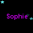 Purple text 'Sophie' appears multiple times on a black background with scattered cyan and dark blue stars, some of which move across the frame.