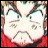 Pixelated anime-style face with wide eyes and furrowed brows on red background, next to stylized text on black background.