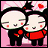 Pixelated cartoon icon of two characters with round white heads and black hair standing side-by-side against a pink background, next to red text reading FUNNY LOVE on a black background.