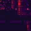 Pixel art of red and purple mechanical structures arranged in repeating against a dark background