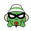 Green cartoon character with black mask, white-and-green striped hat, and beige ears in nine positions showing mouth expressions from closed to open teeth