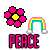 Pixelated pink flower, rainbow, and 'PEACE' text icons in a repeating pattern with scattered elements
