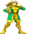 Pixelated character in green and yellow costume with white hat, shown in three poses with arms raised, fist clenched, and hand extended.