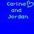 Blue background with cyan pixelated text reading 'Carlin and Jordan' on left, same text without heart symbol on right.