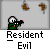 Pixel art animation of two figures in green and red outfits firing projectiles at each other with smoke effects, labeled "Resident Evil" below.