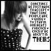 Black-and-white pixelated image of a person with short hair wearing a polka-dot top, positioned left of text that reads "SOMETIMES WE JUST HAVE TO ACCEPT THAT SOME PEOPLE ARE GOING TO STAY IN OUR HEARTS FOREVER EVEN IF WE AREN'T IN THEIRS" with heart symbols.