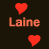 nine identical red heart icons arranged in three and three , each positioned above the name "Laine" rendered in different solid colors against a black background