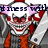 Pixelated character with red eyes and mouth, wearing a white helmet-like headpiece and orange outfit, holding a large silver axe.
