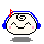 Pixelated character with blue headphones, white face, pink cheeks, and a spiral on its head; musical note changes color from red to green across frames.