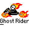 Pixel art animation of a flaming skull character riding a motorcycle with fire effects, displayed as two sequential frames in a contact sheet format.
