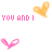 A 48x48 pixel animated contact sheet displaying a repeating pattern of pink and orange heart shapes with alternating text phrases "YOU AND I" and "COLLIDE" in various colors across multiple frames.