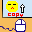 Pixelated yellow face with black eyes and red mouth, next to a white-and-black cursor icon under 'copy' text on light blue background.