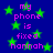 Blue background with green stars and repeated pink text reading 'my phone is fixed hannah' in a pattern