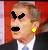 Pixelated close-up of a person with light skin, dark eyebrows, and a yellow earring against red background.