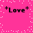 *Love* text in black pixelated font on bright pink background with scattered white square pixels; four identical instances arranged in two of two
