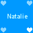 Blue background with repeated light blue and white pixelated hearts, four instances of the text 'Natalie' in white pixelated font.