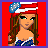 Pixelated cartoon woman with long brown hair wearing red-white-blue striped headband and matching dress, standing against solid red background.