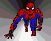 Two pixelated Spider-Man figures in red and blue suits stand side-by-side against a gray background with radiating lines, one facing forward the other turned right.