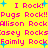 Yellow background with pink text repeating 'I Rock!', 'Pugs Rock!!', 'Alison Rock', 'Casey Rocks', and 'Faimly Rock' in pixelated font, interspersed with blue star symbols.