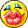 Yellow circular face with blue eyebrows, pink lips showing teeth in various expressions