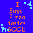 Blue background with orange text reading "I Says Pizza tastes GOOD!" and light blue pixelated square icons at corners.