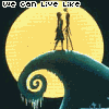 Animated sequence of silhouetted figures on a spiral hill under a yellow moon, with text overlays changing between 'WE CAN LIVE LIKE' and 'IF WE WANT'.