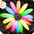 Colorful flower-shaped icon with rainbow petals and a dark center, featuring small lettered icons in the corners.