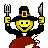Pixel art character in pilgrim hat holding fork and knife, with two text variations 'happy thanks-giving' and 'now lets eat', plus cornucopia and corn icons below.