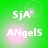 Green background with white text 'SjA' above 'ANgels' and pink circular light effects, animated with subtle light shifts.