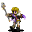 Pixelated character with blonde hair, purple scarf, and dark armor holding a staff with a glowing orb, standing against gray background.