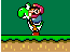 Pixel art animation of a character riding a green dinosaur-like creature against a solid background.
