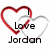 Red and gray heart outlines overlap with 'Love' text above 'Jordan' in pixelated font on white background.