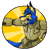 Pixelated circular icon featuring a blue-furred creature with yellow eyes and black accents resting on a large golden-yellow object against a gray background.
