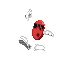 Red pixelated character with black sunglasses and open mouth, surrounded by white and gray pixelated objects in various positions across frames.