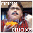 A person in a red checkered shirt holds an orange food item, with text above and below changing across frames.