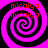 Four identical spiral patterns with alternating pink and black rings, each containing red text reading "micaio" twice, arranged in a on a black background
