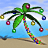 A static image of four palm trees decorated with Christmas ornaments on a beach background.
