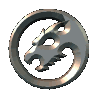 Metallic circular icon with stylized dragon head inside ring, showing multiple rotational views against gray background.