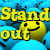 Pixelated yellow text 'Stand out' with a smiley face icon on blue background, featuring black outlines and pixelation artifacts.